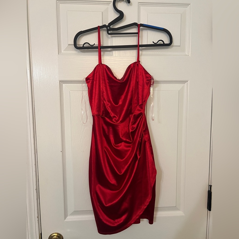 Honey and Rosie Red Ruched Asymmetrical Slip Dress